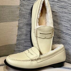 Anthropologie G.H. Bass Whitney Cozy Flat Shearling Lined Cream Leather